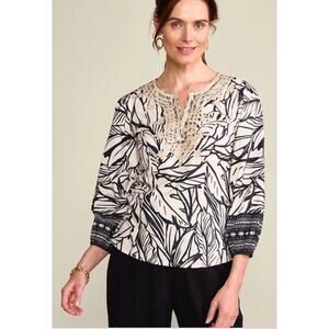 Soft Surroundings Bellamy Blouse Womens Ivory Black Print Boho Top XL 16 NWOT